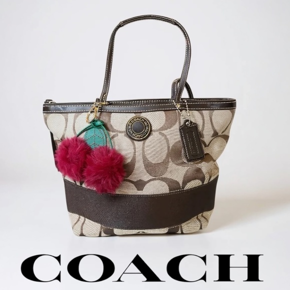 Coach Signature Stripe Tote F19046 Khaki Brown Canvas Leather Trim Purse Bag - Picture 1 of 14